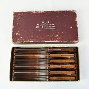 Flint Hollow Ground Set of 6 Steak Knives Vintage Individual Hardwood Holders In
